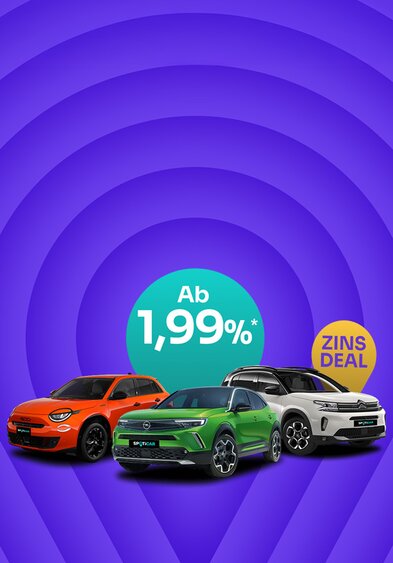Eine Ansammlung von Gebrauchtwagen der Marken Fiat, Opel und Citroën. Dahinter zwei Störer mit den Worten "Zins Deal" und "ab 1,99%*"